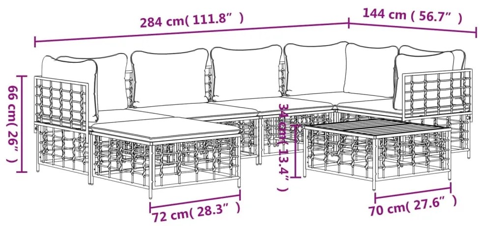 7 pcs conjunto lounge de jardim c/ almofadões vime PE antracite