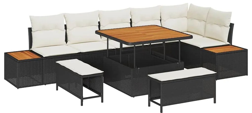 Conjunto de Sofá de Jardim vidaXL 9 Peças com Almofadas Preto Rattan S