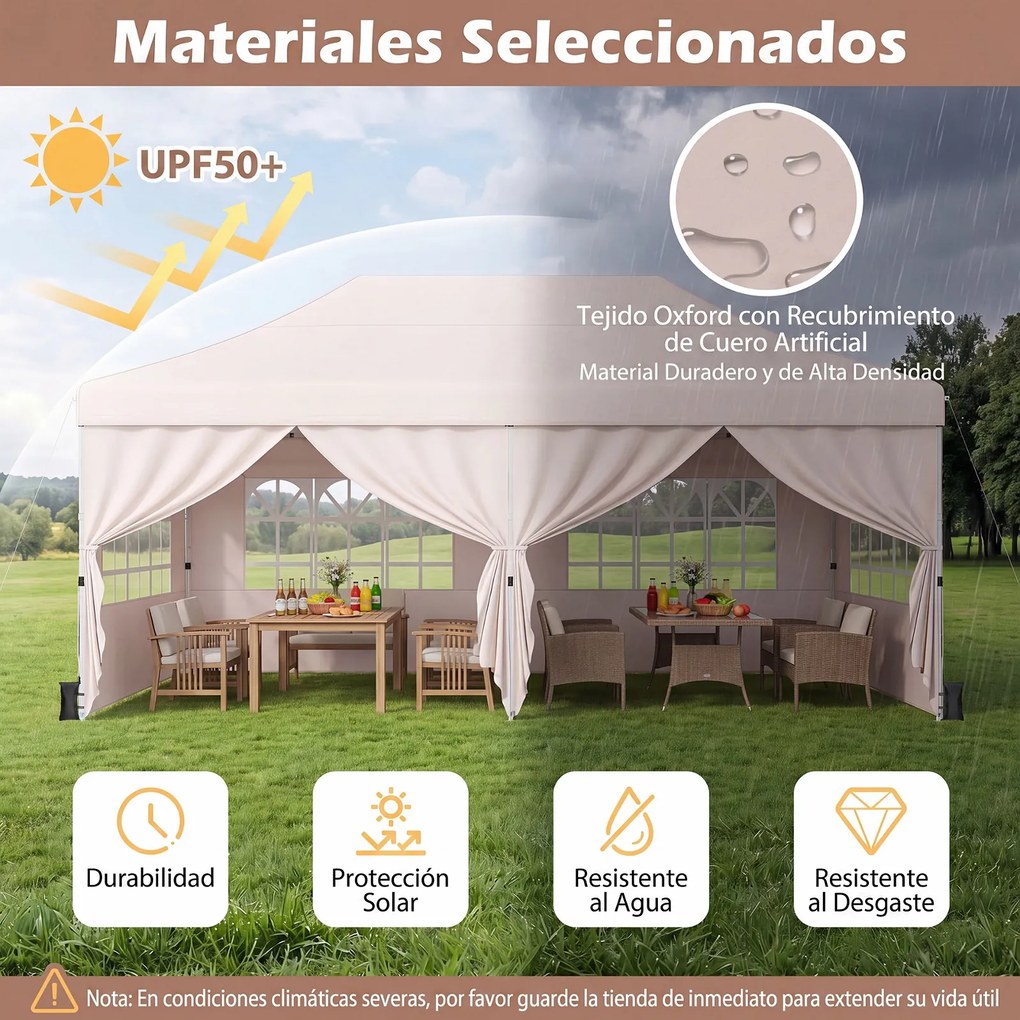 Tenda de Jardim Dobrável com 6 pesos, 600 x 300 x 310 cm, Paredes Laterais Removíveis, Bege