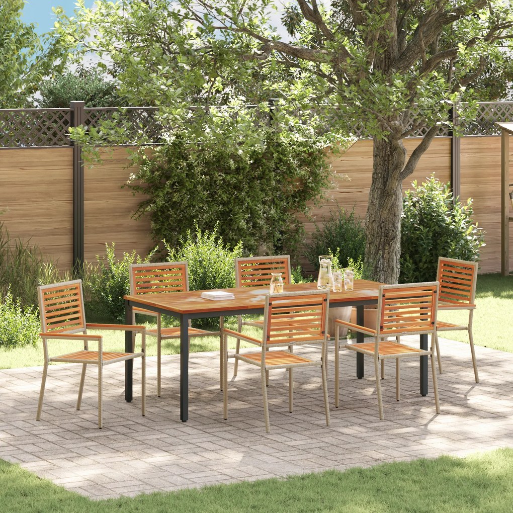 Conjunto de Jantar de 7 Peças vidaXL Jardim Bege Polyrattan Acácia