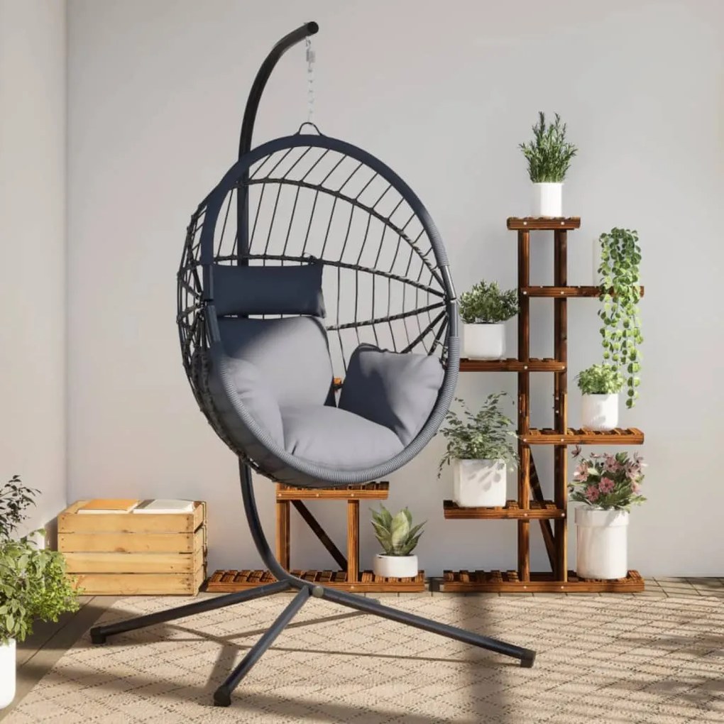 vidaXL Cadeira em forma de ovo suspensa c/ suporte vime/aço cinzento