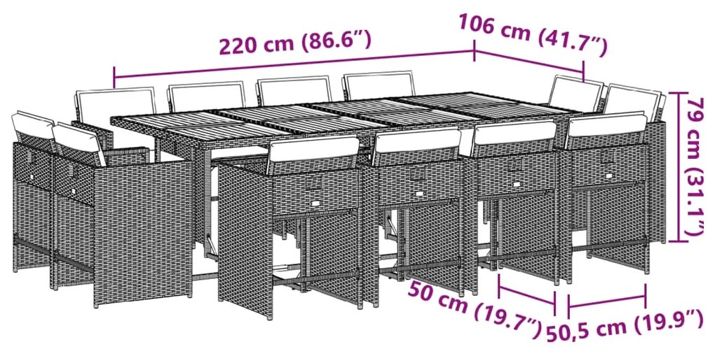 13 pcs conjunto de jantar p/ jardim com almofadões vime PE bege