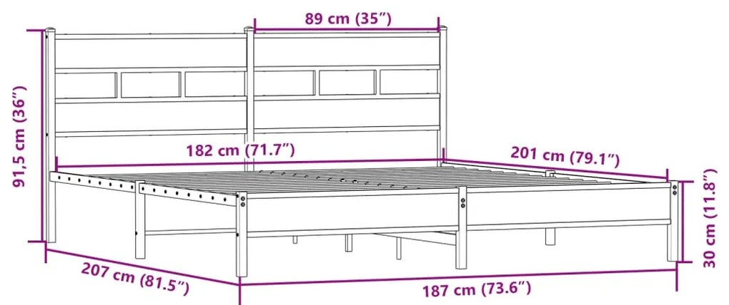 Estrutura de cama sem colchão 180x200cm metal carvalho sonoma