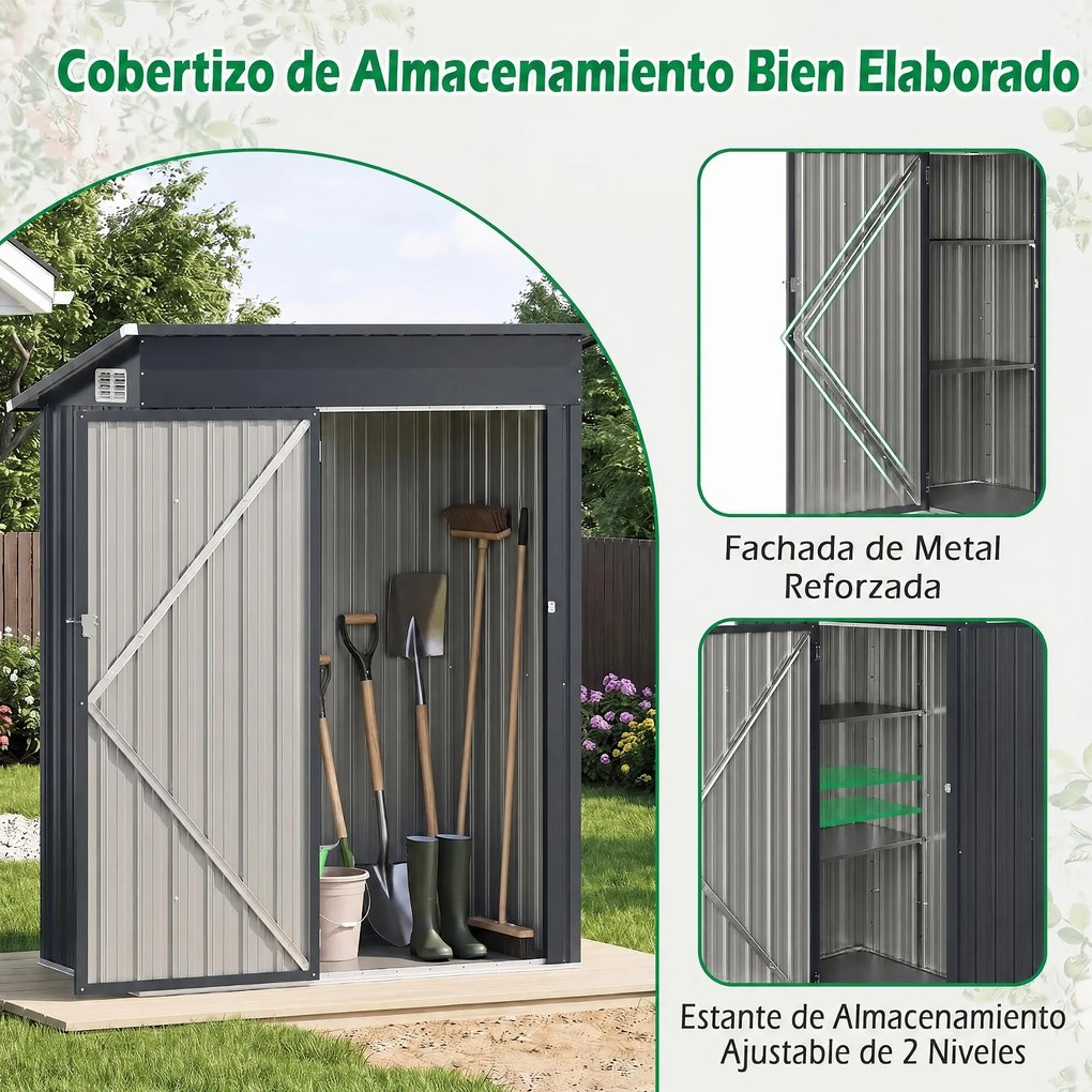 Abrigo Metálico para Ferramentas de Exterior, 150 x 89,5 x 186 cm, Duas Prateleiras Ajustáveis, cinzento-escuro