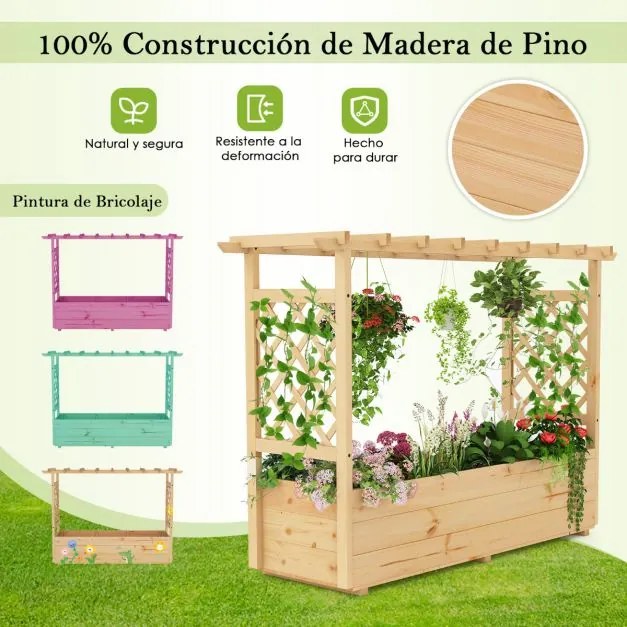 Floreira de jardim elevada com treliça, teto suspenso e drenagem madeira para trepadeiras e flores 148 x 50 x 103 cm Natural