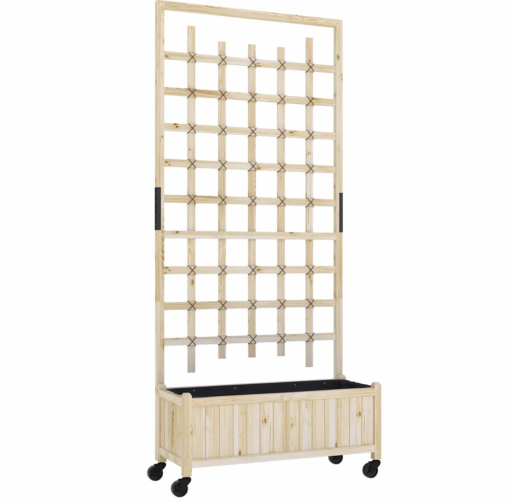 Outsunny Jardineira com treliça, vaso com rodas, para plantas trepadeiras, madeira maciça, 82,5x35x186cm, madeira natural | Aosom Portugal