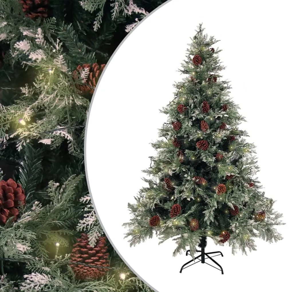 Árvore Natal pré-iluminada c/ pinhas 150 cm PVC/PE verde/branco