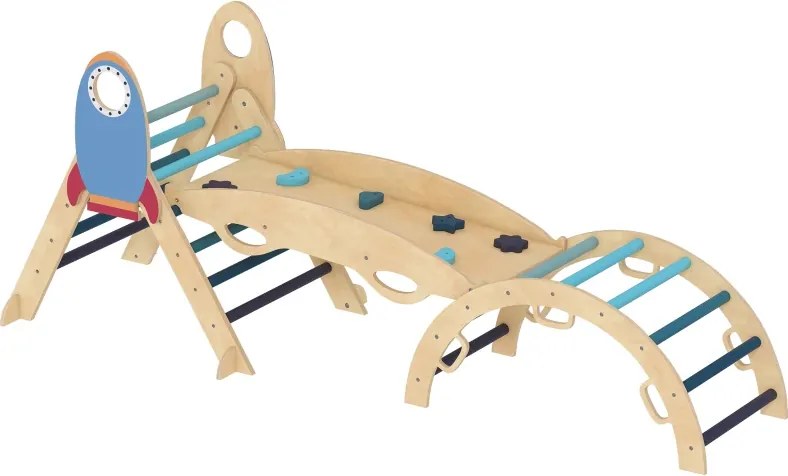 Triângulo de Escalada Montessori 7 em 1 Estrutura de Escalada de Madeira Tema de Foguete Azul