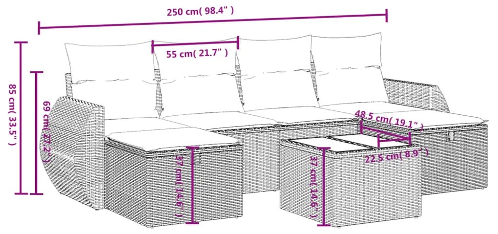 6 pcs conjunto de sofás jardim c/ almofadões vime PE castanho