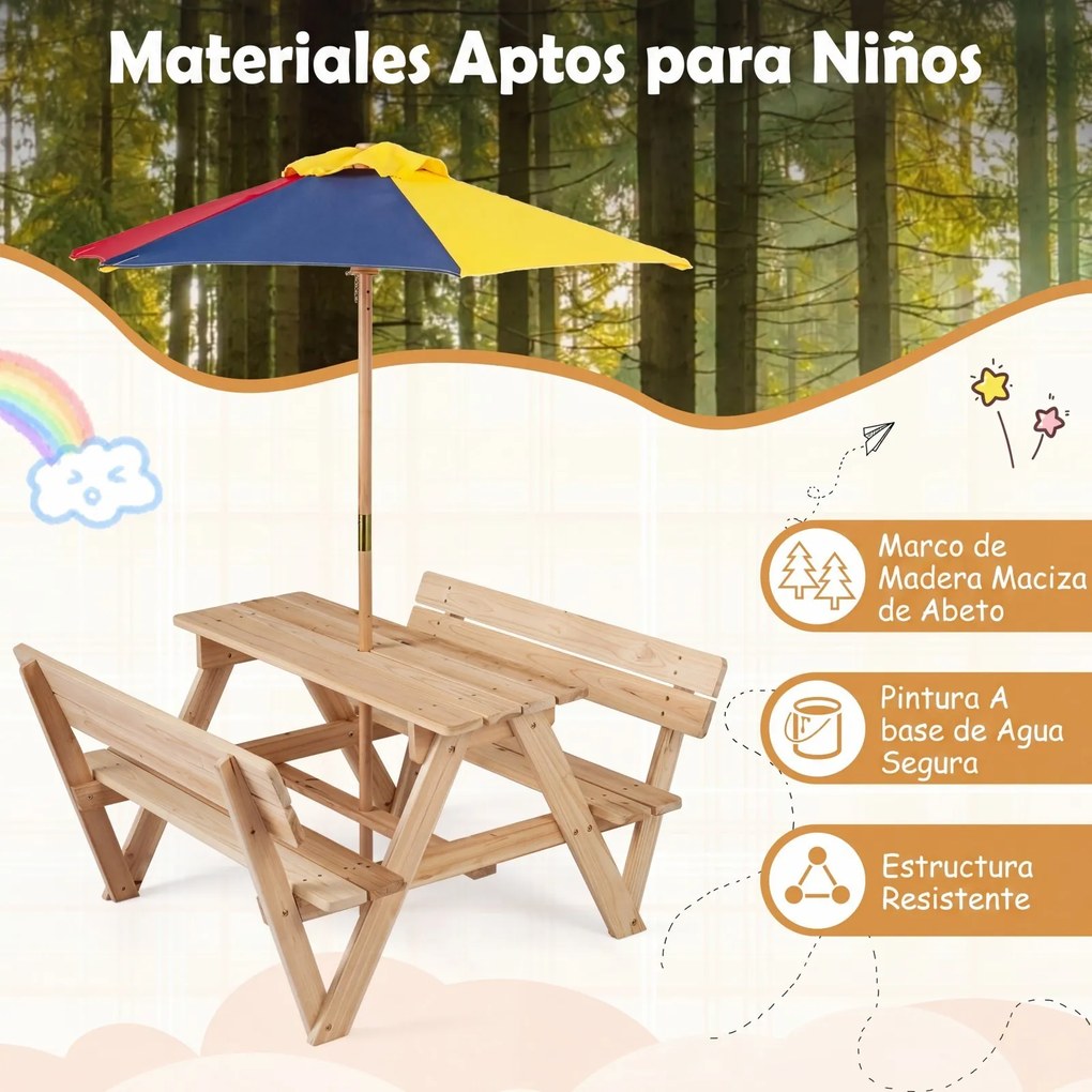 Mesa de piquenique infantil com 2 bancos integrados, guarda-sol removível e encosto em madeira de abeto, para crianças dos 3 aos 8 anos – praia, jardi