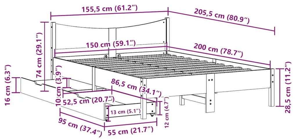 Estrutura cama c/ gavetas 150x200 cm pinho maciço castanho-mel