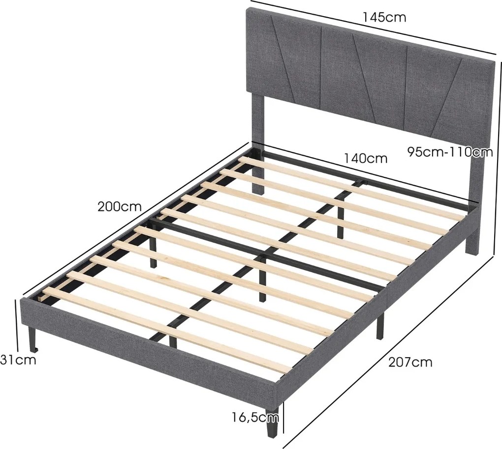 Estrutura de cama 140 x 200 cm (COLCHÃO NÃO INCLUIDO) com plataforma estofada, cabeceira geométrica ajustável em altura e ripas de madeira cinza