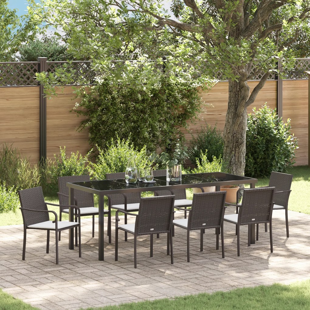 Conjunto de Jantar para o Jardim com 9 Peças e Almofadas Castanhas em Rattan Poly