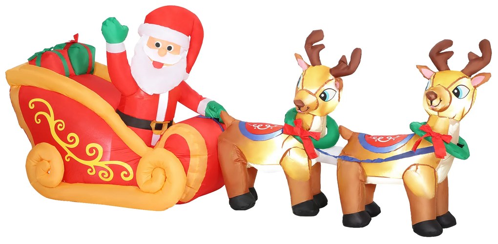 Pai Natal Insuflável com Trenó e Renas Insufláveis de Natal com Luzes LED para Exterior e Interior 240x75x100 cm Multicor