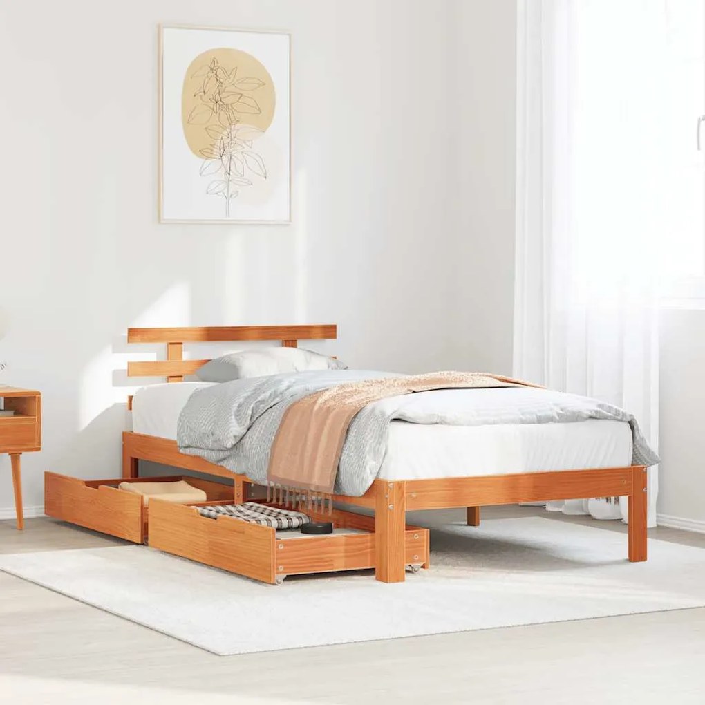 vidaXL Estrutura de cama c/ gavetas 90x200cm pinho maciço castanho-mel