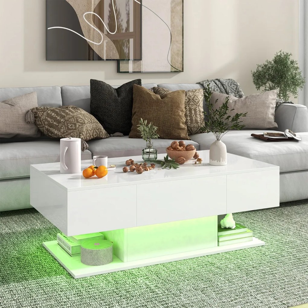 Mesa de centro LED moderna de 2 níveis com 20 luzes LED coloridas 2 gavetas para arrumação retangular 110 x 60 x 40 cm Branca