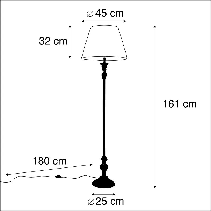Candeeiro de pé preto com aba de tecido branco plissado 45 cm - Classico Clássico / Antigo