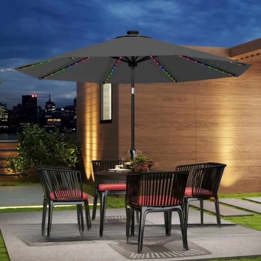 Guarda-sol de 300 cm com iluminação LED solar, 9 modos de iluminação, guarda-sol de jardim com manivela, cinzento