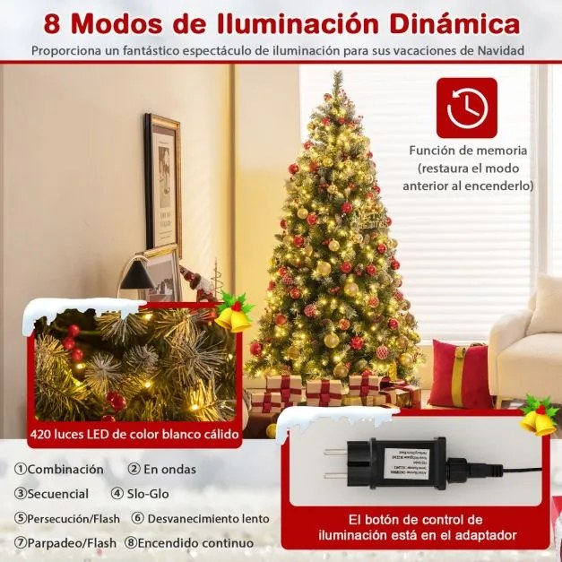 Árvore de Natal artificial com luzes LED brancas quentes 8 modos de iluminação Verde e Branco-195 cm