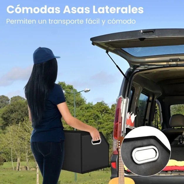 Organizador dobrável 30 x 47 x 27,5 cm para porta-malas de carros 35L com tampa lisa em couro e divisória ajustável Preta