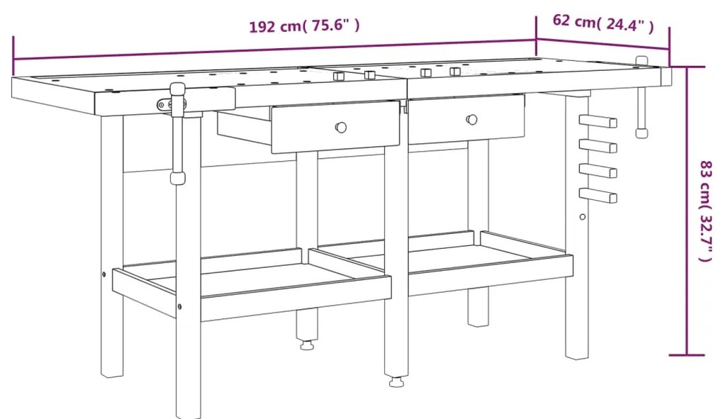 Bancada de trabalho + gavetas/tornos 192x62x83 cm acácia maciça