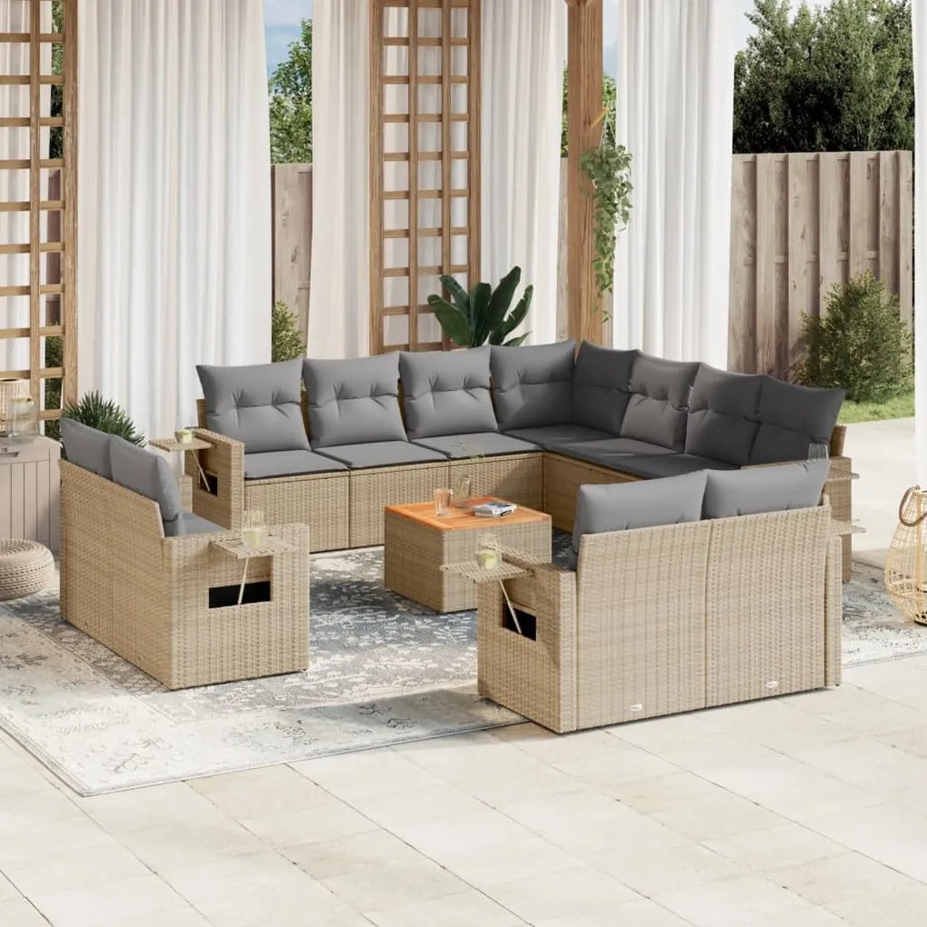 12 pcs conj. sofás jardim c/ almofadões vime PE bege misturado