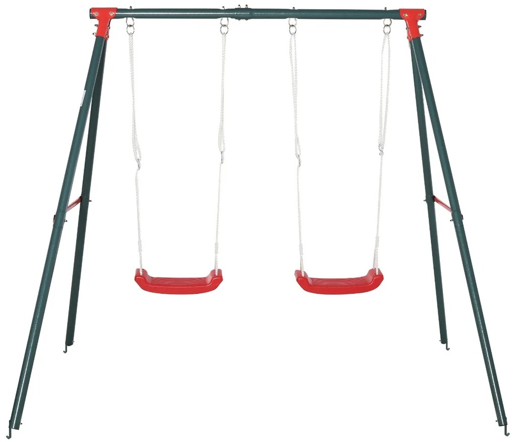 Balanço duplo para crianças acima de 3 anos com suporte de metal coml Corda ajustável ao ar livre máx. 40kg 220x160x180cm Verde Vermelho