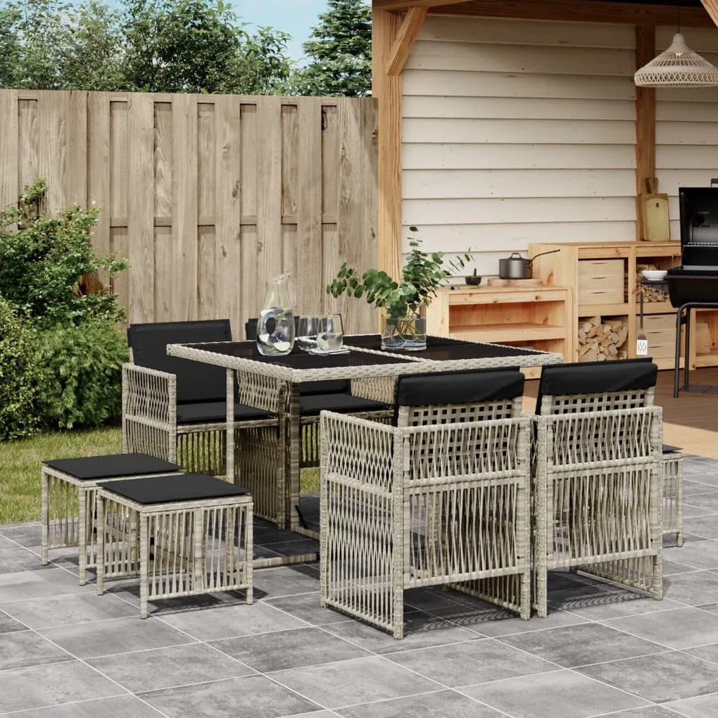 9 pcs conjunto de jantar p/ jardim c/ almofadões cinzento claro