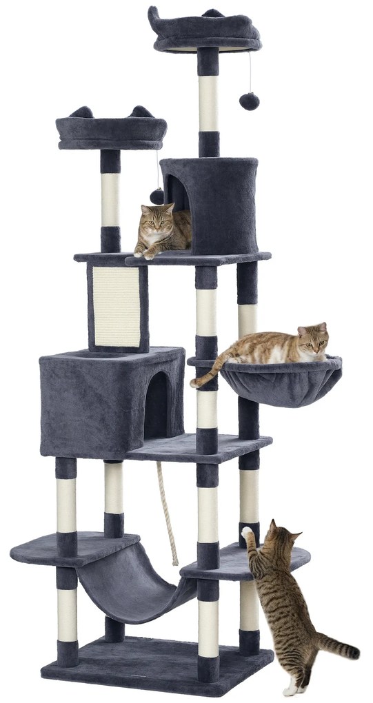 PawHut Arranhador para Gatos Grande Arranhador para Gatos Torre para Gatos com Plataformas Caverna Bolas Suspensa e Rede 60x50x206 cm Cinza Escuro