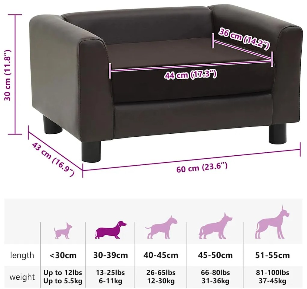 Sofá para cães 60x43x30 cm pelúcia e couro artificial castanho