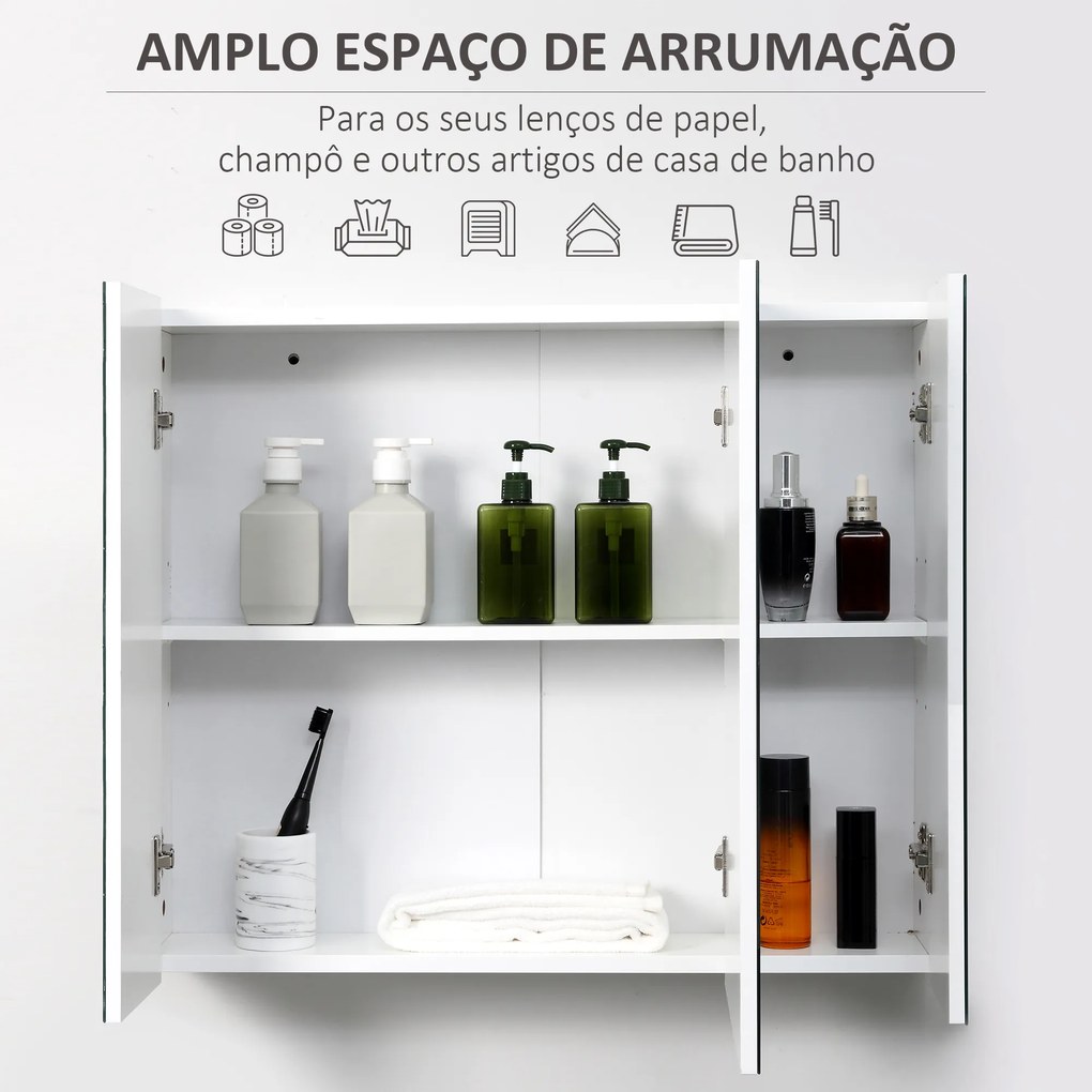 Armário de Casa de Banho com 3 Portas com Espelho Armário de Parede com Prateleiras Internas Ajustáveis 70x15x60 cm Branco