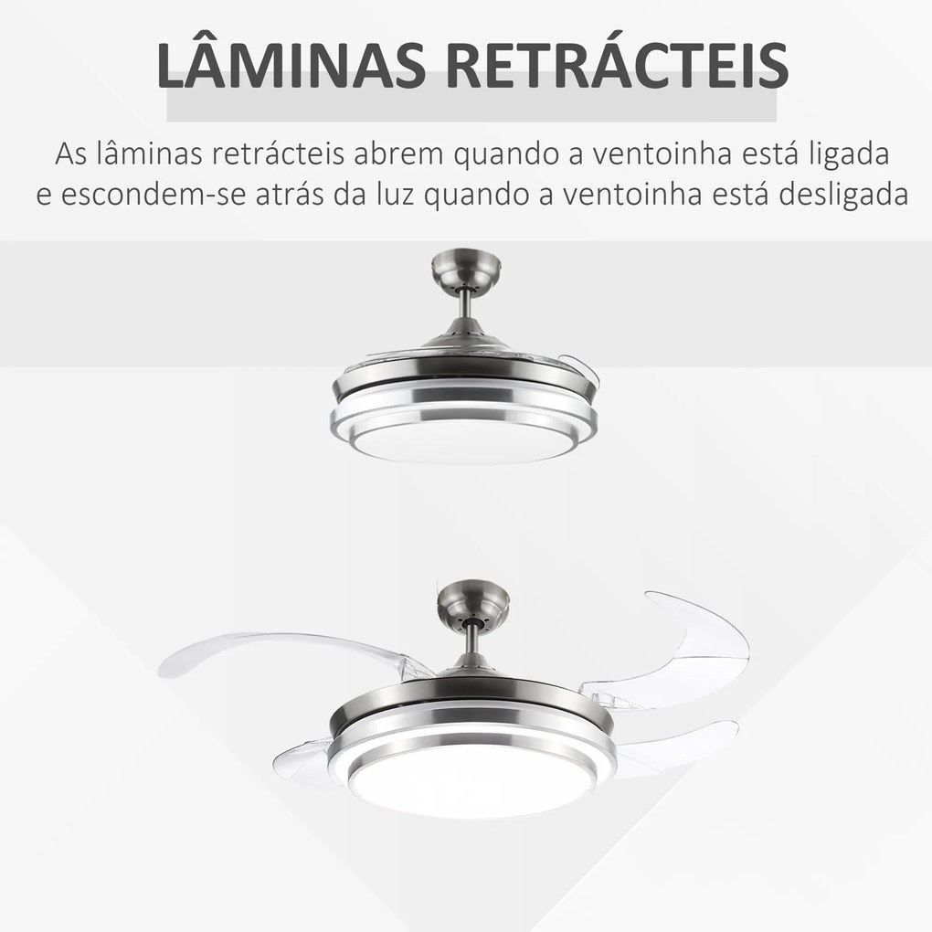 HOMCOM Ventoinha de Teto 51W com Luz LED 30W Ajustável 3000/4000/6000K Controle Remoto 3 Velocidades Temporizador 4 Lâminas para Dormitório Sala de Estar Ø106x43 cm Prata