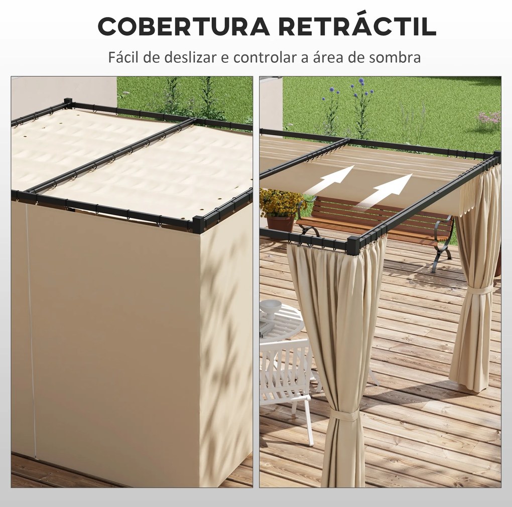 Pérgola de Jardim 3x3 m Pérgola para Exterior com Teto e Paredes Laterais Retráteis Impermeável para Terraço Pátio Bege