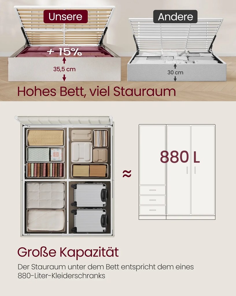 Estrutura de cama 140 x 200 cm (COLCHÃO NÃO INCLUIDO) com espaço de arrumação por baixo da cama; cabeceira em bege cappuccino