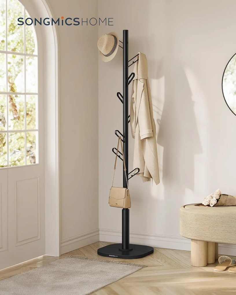 Cabide em formato de árvore SONGMICS HOME RCR037B01 Cabide independente com 8 ganchos e extremidades arredondadas, 170 cm de altura para roupas, chapéus, bolsas, tinta preta