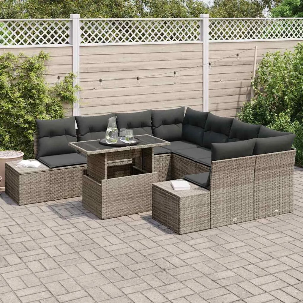 Conjunto de Sofá de Jardim de 9 Peças com Almofadas Cinza em Rattan Si