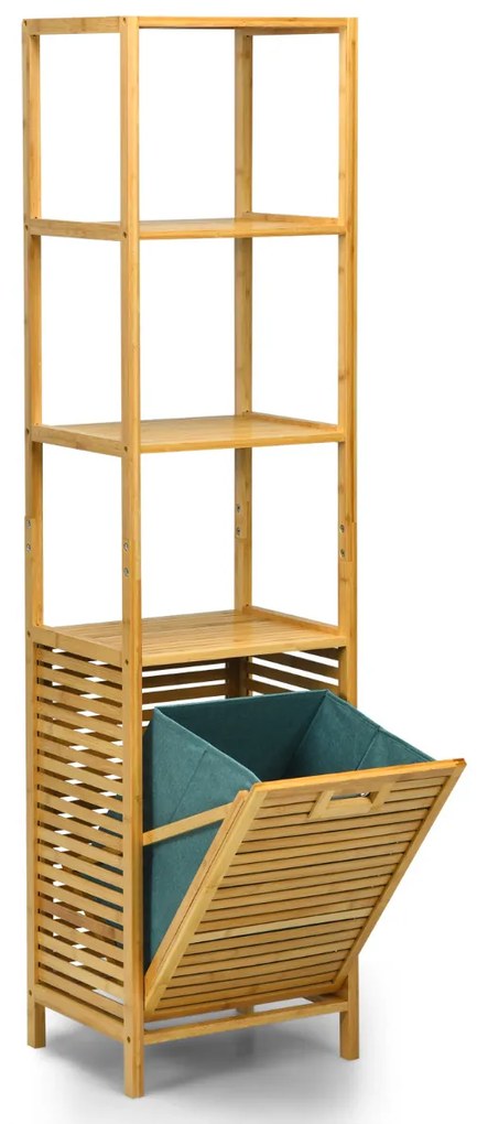 Cesto de roupa Suja retrátil em bambu Prateleira de casa de banho Torre organizadora de lavandaria Torre de lavandaria 3 Estantes 40 x 33 x 160 cm Nat