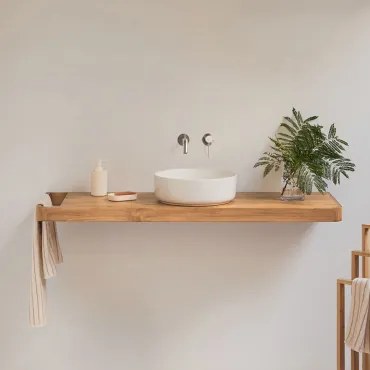 Conjunto De Móvel De Casa De Banho 130x45 Cm Suspenso Em Madeira De Teca Neill Madeira De Teca & Cerâmica Redonda Branca Ø40 Cm Lenka & Sem Espelho &