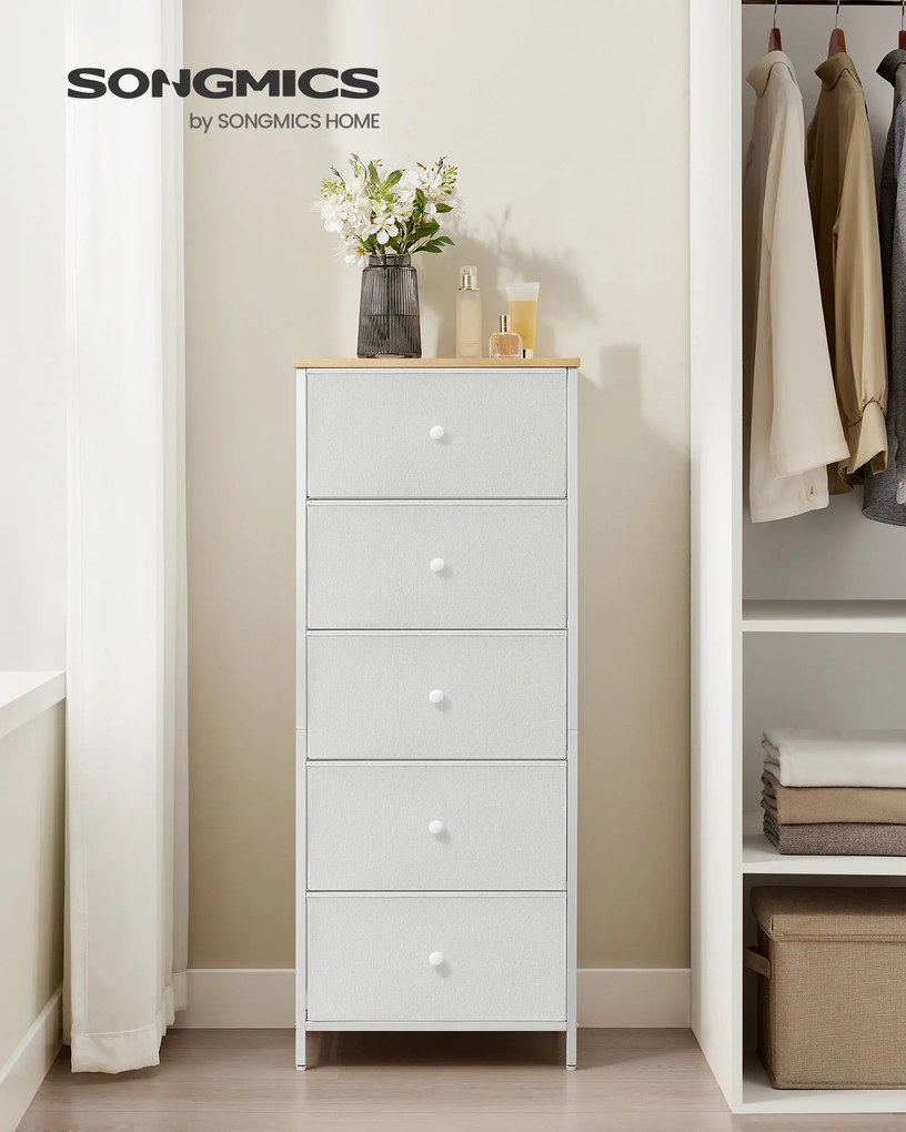 Cómoda com 5 gavetas em tecido estreito 29,8 x 45 x 112,3 cm camel amarelo-creme branco