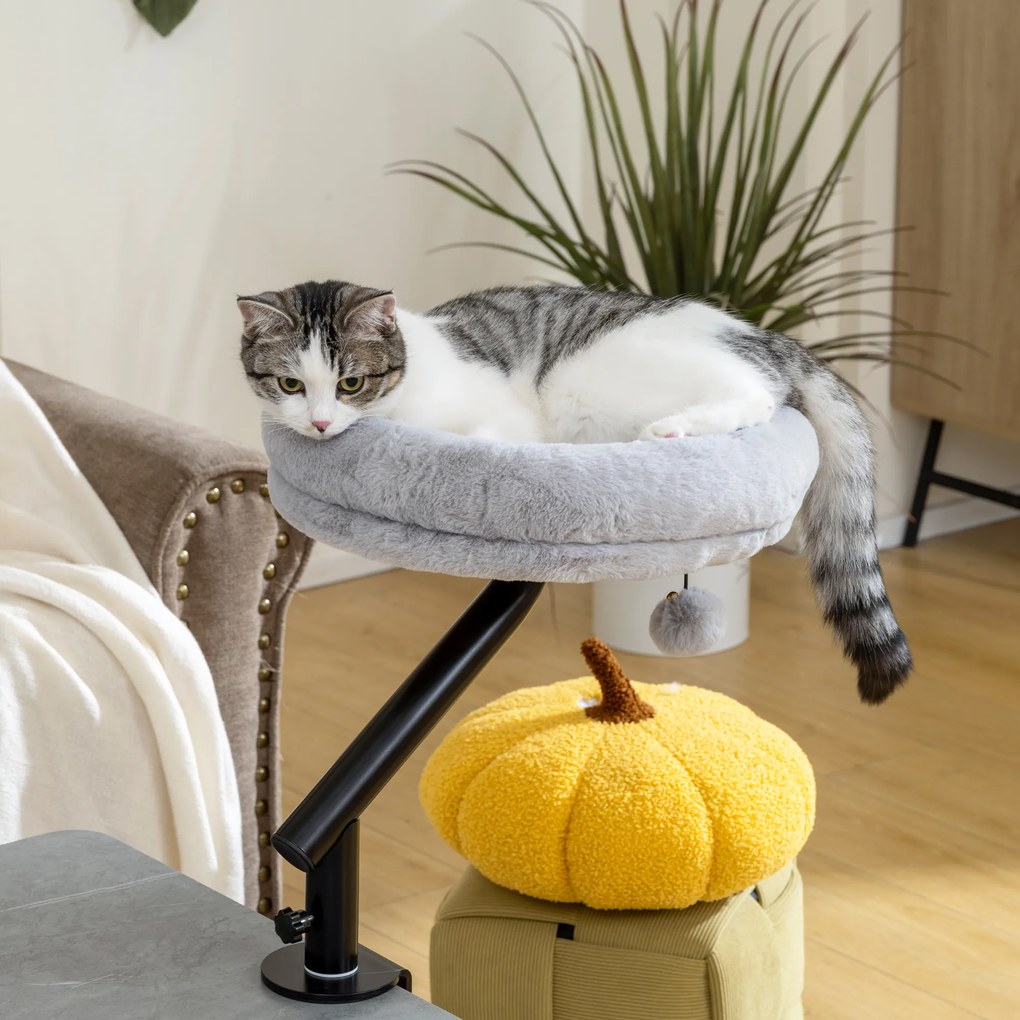 Cama de secretária para gatos com rotação de 360° e altura ajustável, cama para gatos lavável com bola de brincar, 35 x 35 x 48 cm, cinzento