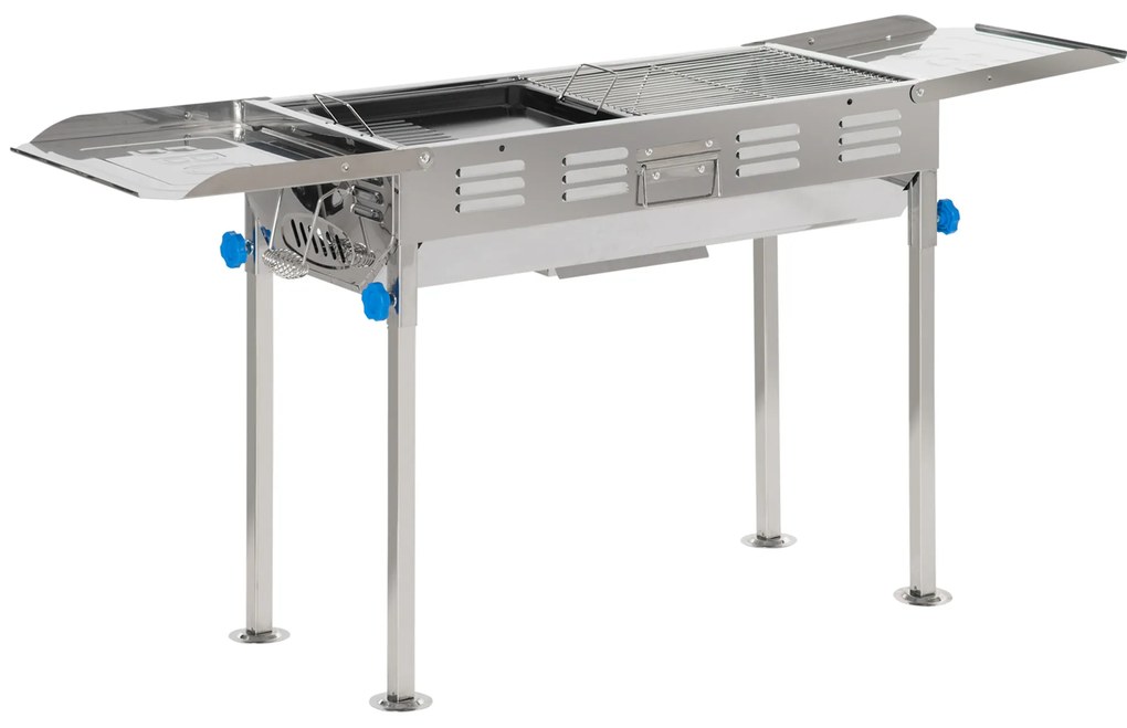 Outsunny Barbecue a Carvão de Aço Inoxidável Portátil com Altura Ajustável 2 Prateleiras 120x31x60-70cm Prata | Aosom Portugal