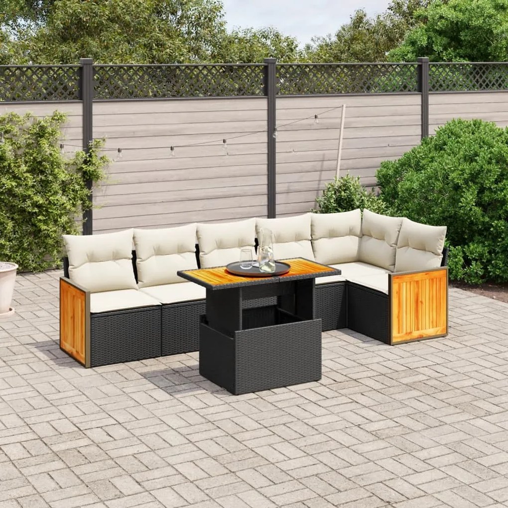 7 pcs conjunto de sofás p/ jardim c/ almofadões vime PE preto