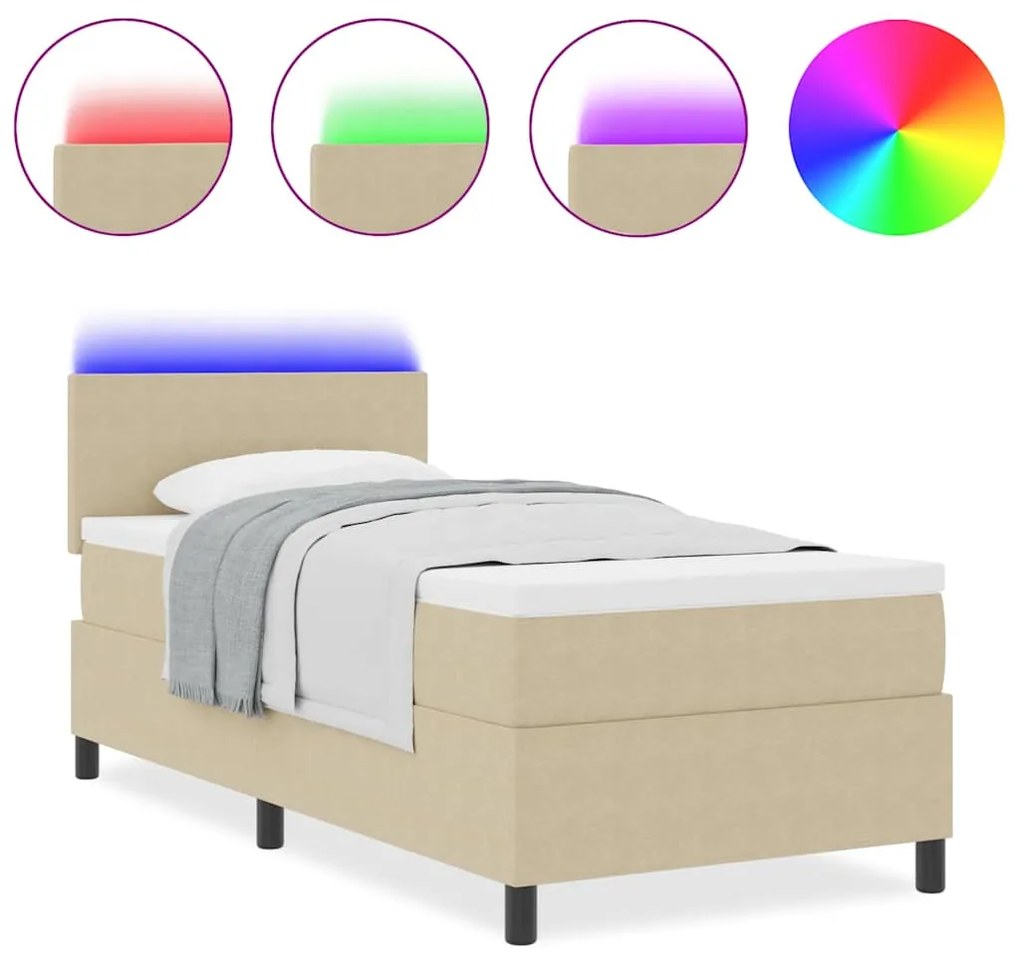 Cama Box Spring com Colchão &amp; Luz LED Verde Cinza 80x200 cm Tecido Cot