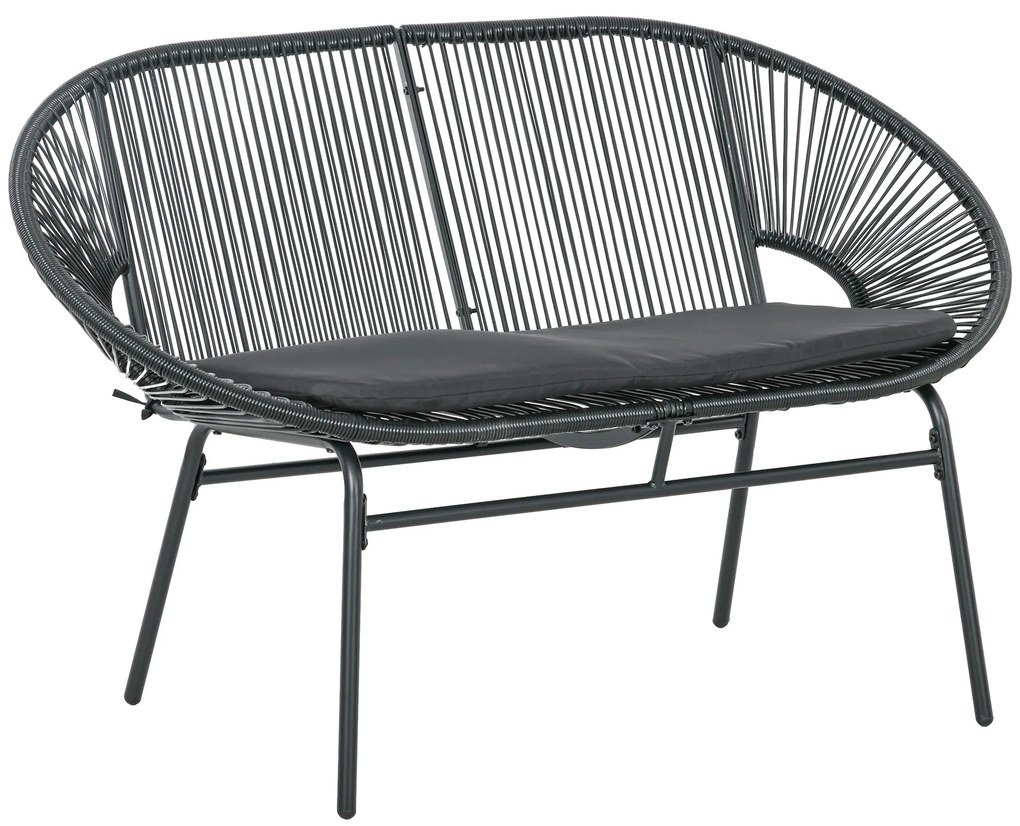 Sofá Acapulco de 2 Lugares com Apoios de Braço Almofada e Estrutura de Aço para Jardim Terraço Pátio 132x72x83 cm Preto