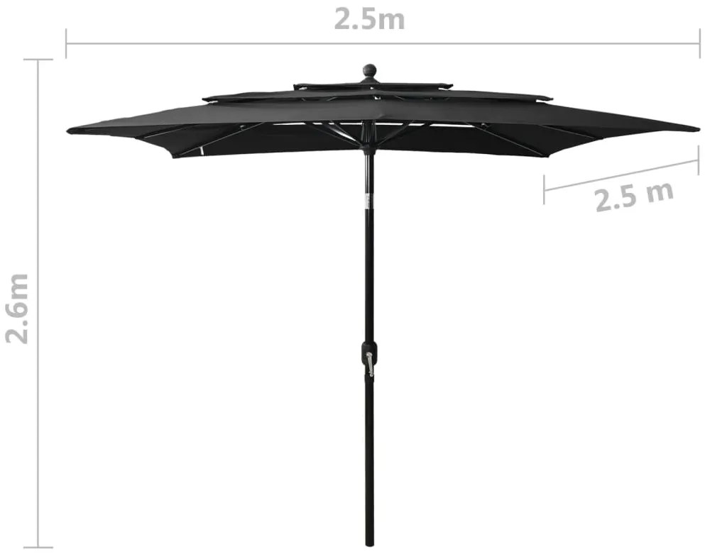 Guarda-sol de jardim 3 camadas c/ poste alumínio 2,5x2,5m preto