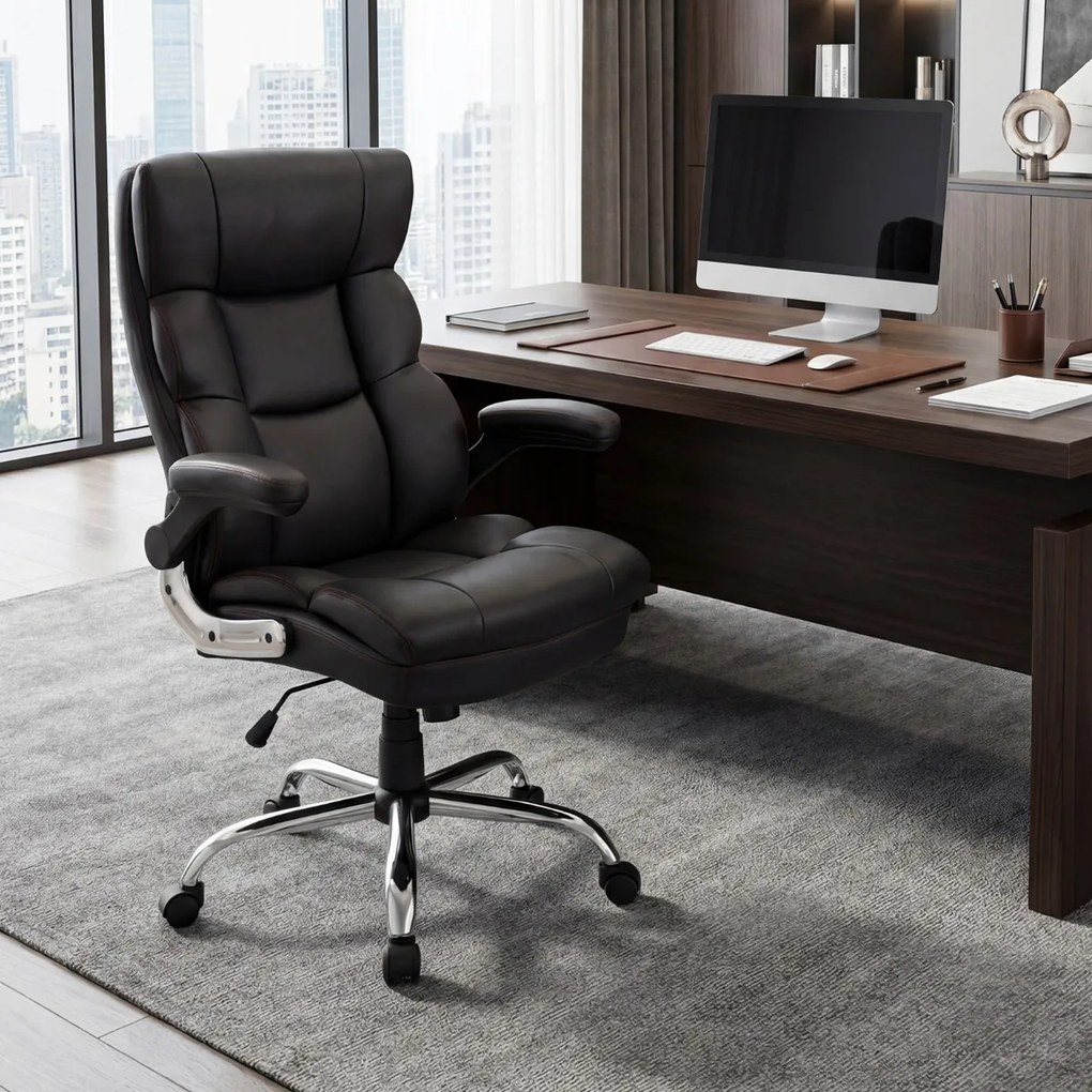 Cadeira de escritório ergonómica em couro sintético com altura ajustável, oscilação, braços rebatíveis e rodas Preta