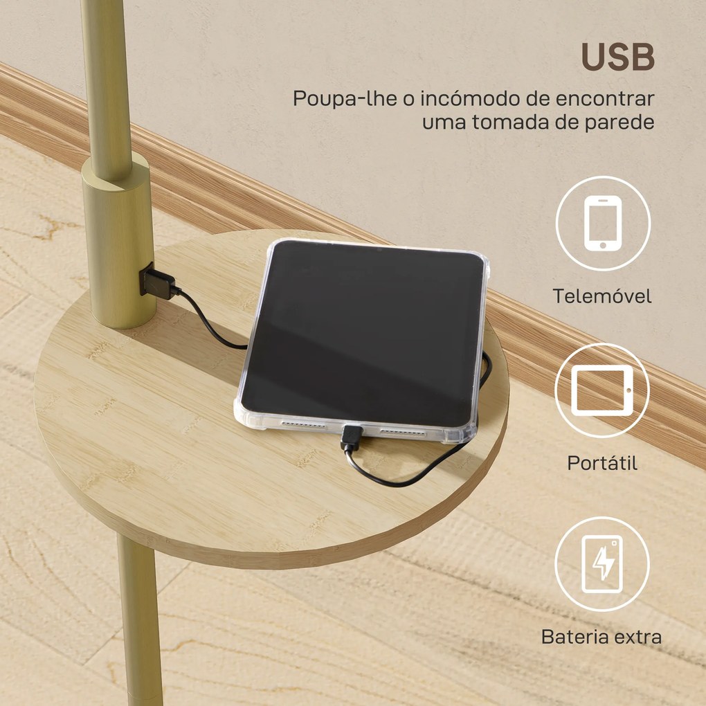 Candeeiro de Pé com Mesa Auxiliar Lâmpada E27 Máx. 40W Ecrã de Linho Interruptor de Corrente e Carregador USB Ø40x170 cm Dourado