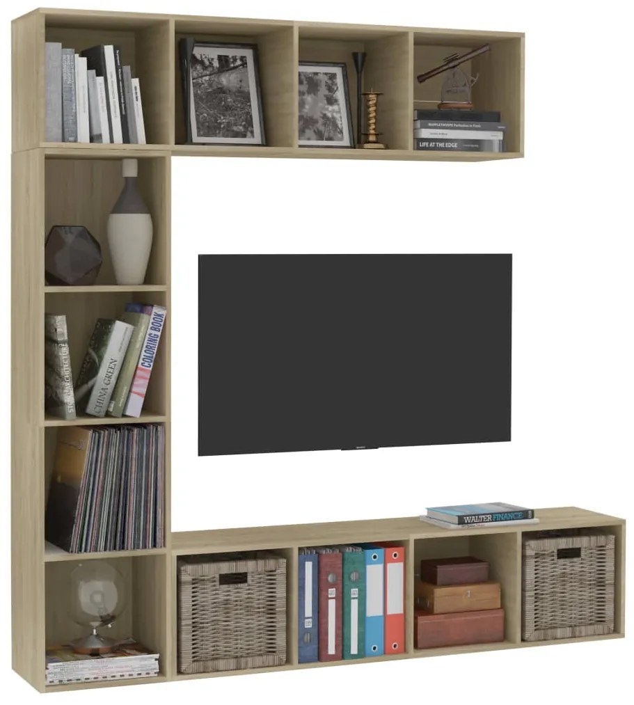 3 pcs conjunto armário TV/estante 180x30x180 cm carvalho sonoma
