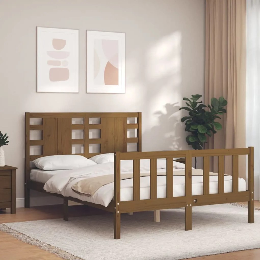 Estrutura de cama dupla pequena 4FT madeira maciça castanho-mel