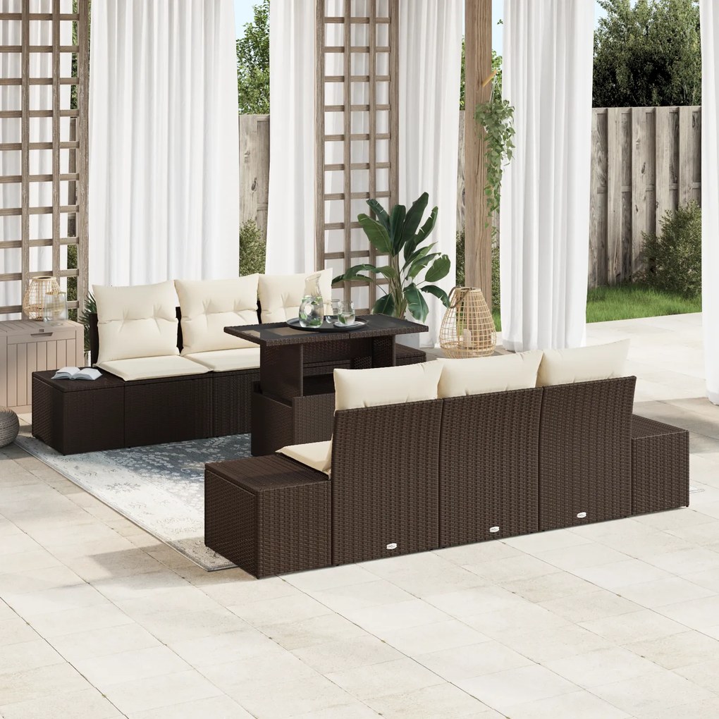 Conjunto de Sofá de Jardim de 7 Peças com Almofadas Castanho em Rattan